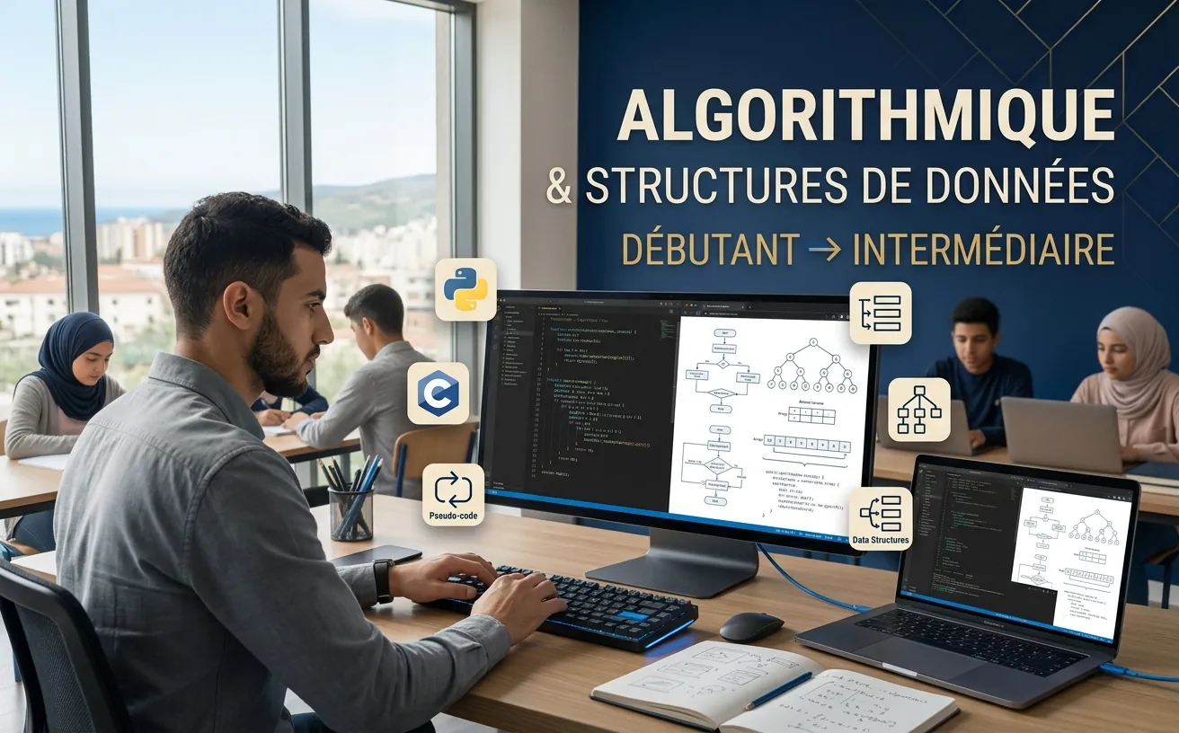 Un poste de travail affichant des schémas d’arbres et de graphes, et les logos Python et C