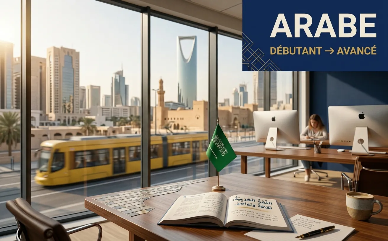 Une salle de cours ouverte sur les tours de Riyad, un manuel d’arabe et un drapeau saoudien sur la table