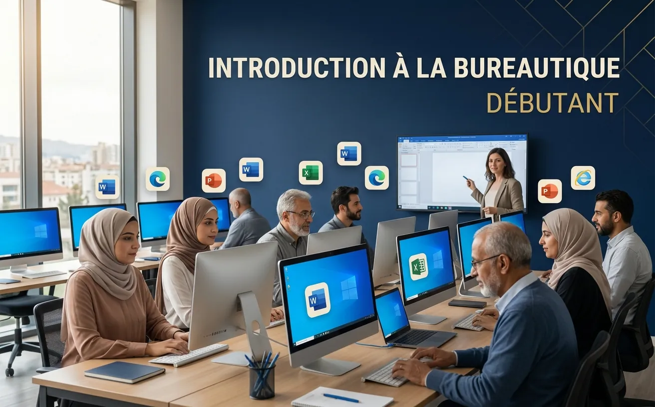 Une salle informatique en cours, postes alignés et logiciels de bureautique affichés à l’écran