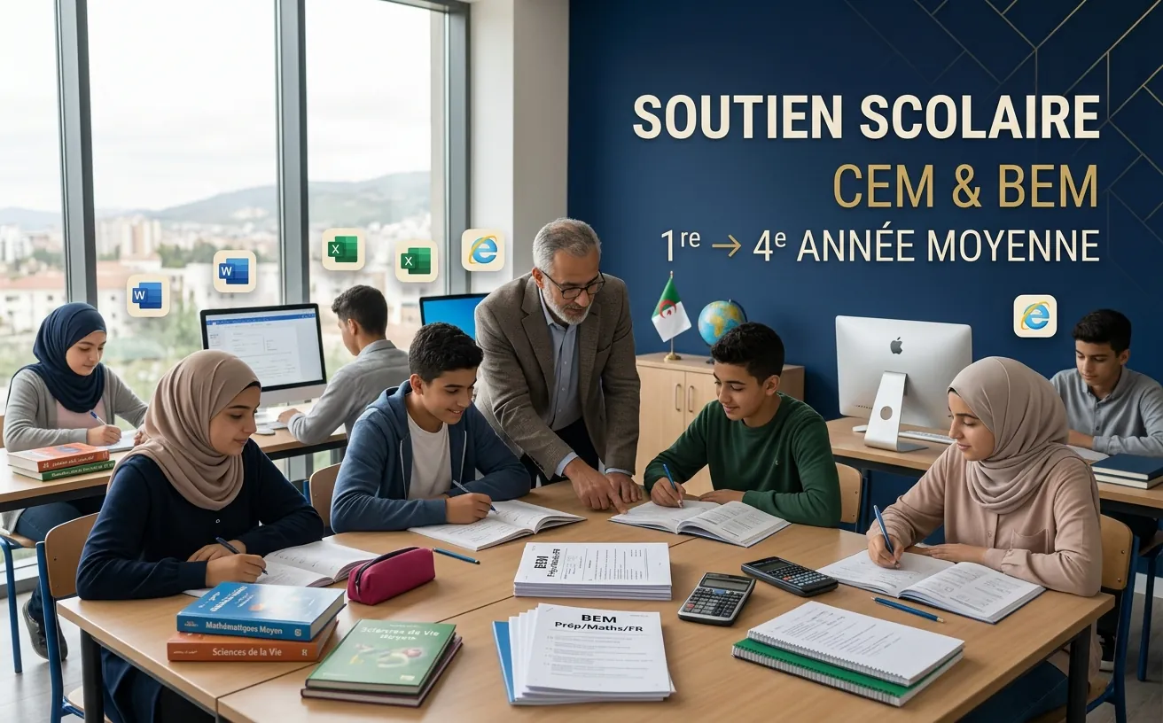 Des collégiens et leur formateur autour d’une table de travail, manuels, calculatrices et copies