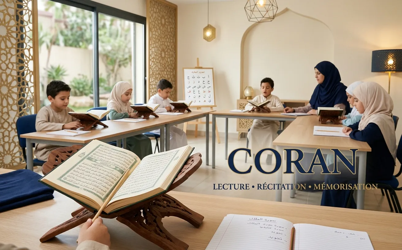Une classe de Coran : des enfants lisent sur des porte-livres en bois autour de leur enseignante, un Coran ouvert au premier plan