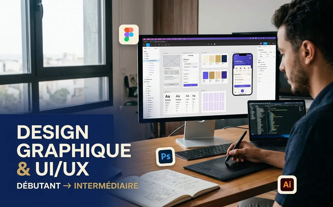 Un poste de design : maquettes d’écrans et palette de couleurs, carnet de croquis et tablette graphique