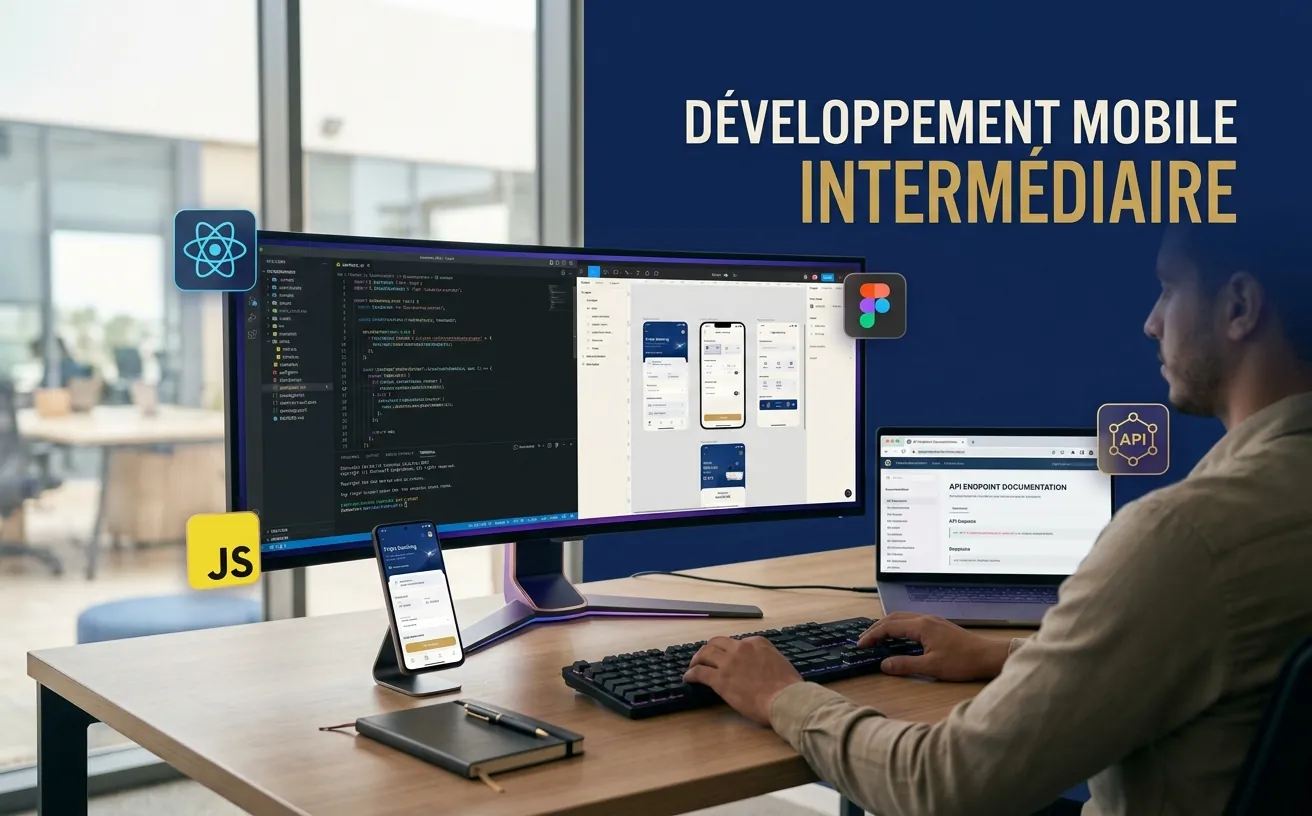 Un poste de développement mobile : code et maquettes d’application à l’écran, logos React et Figma