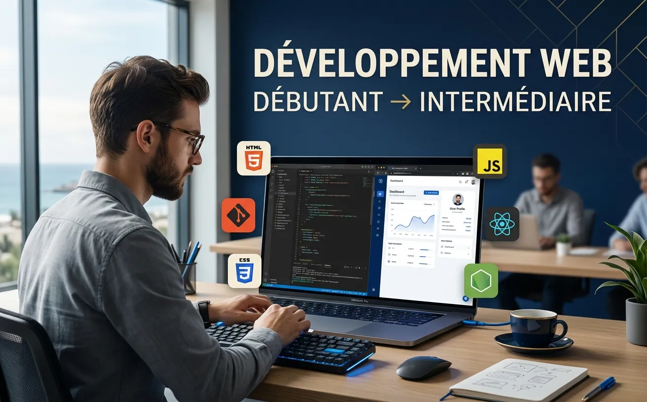 Un poste de développement web : code à l’écran, aperçu du site, et les logos HTML, CSS, JavaScript et React