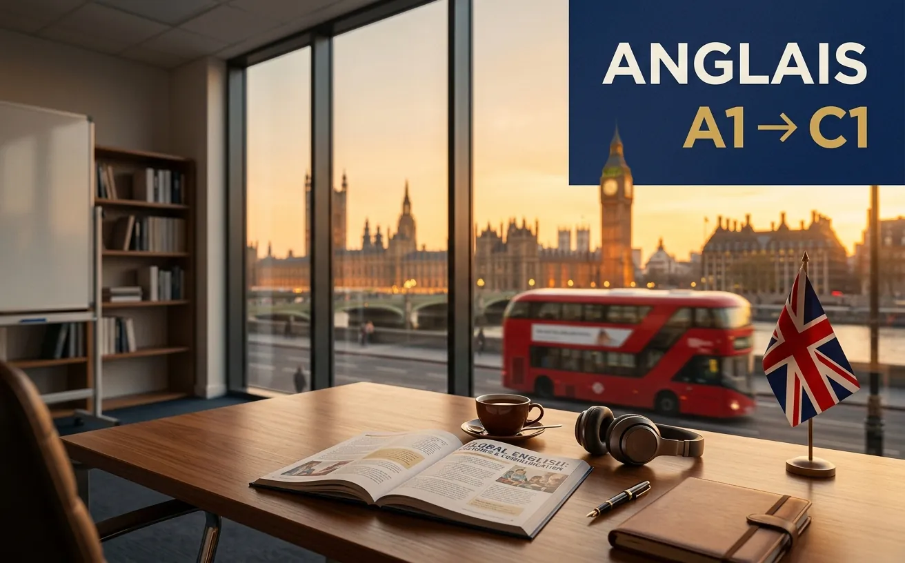 Une salle de cours ouverte sur Londres, Big Ben et un bus rouge derrière la vitre, un manuel et un drapeau britannique sur la table