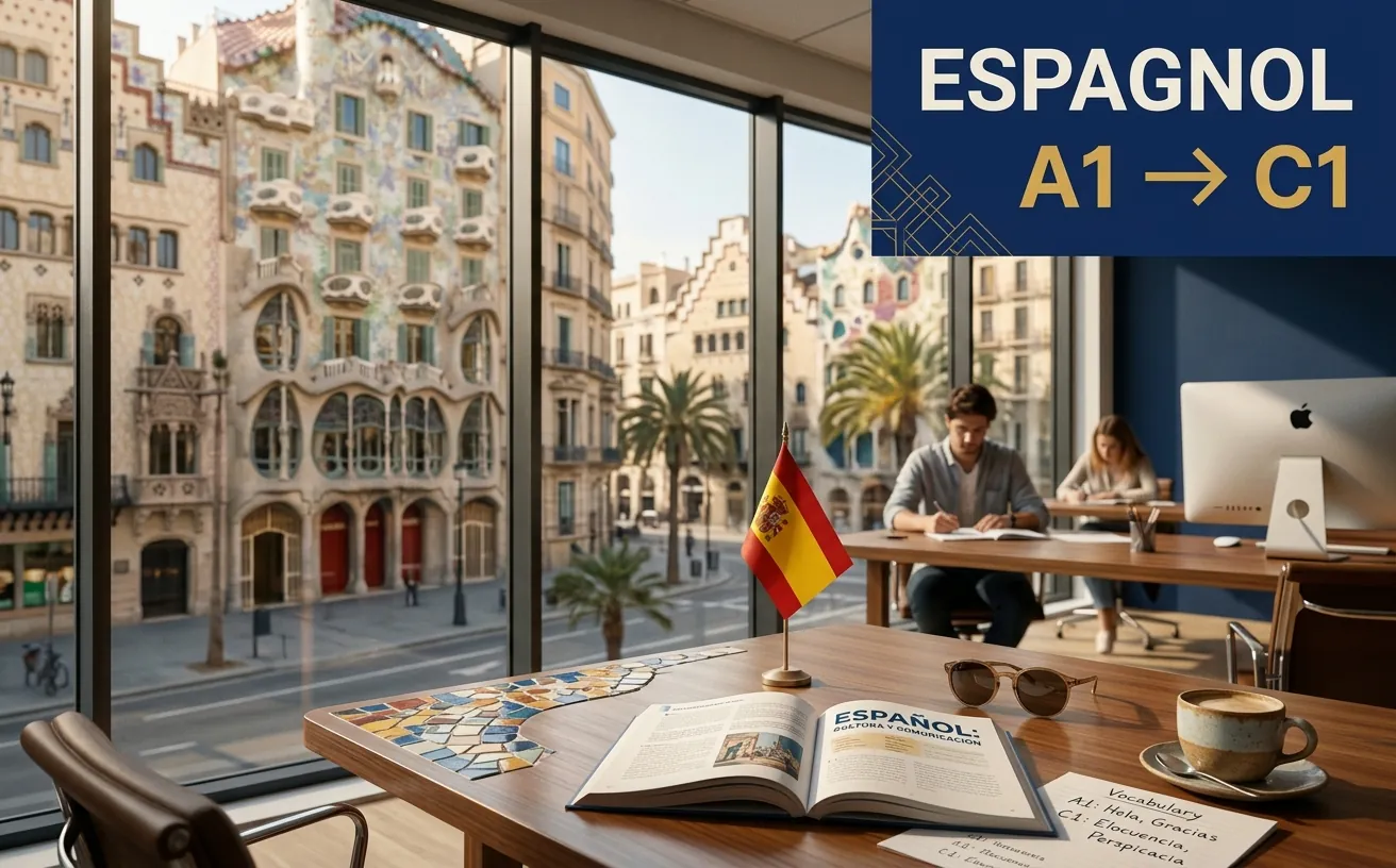 Une salle de cours ouverte sur une avenue de Barcelone, un manuel d’espagnol et un drapeau espagnol sur la table