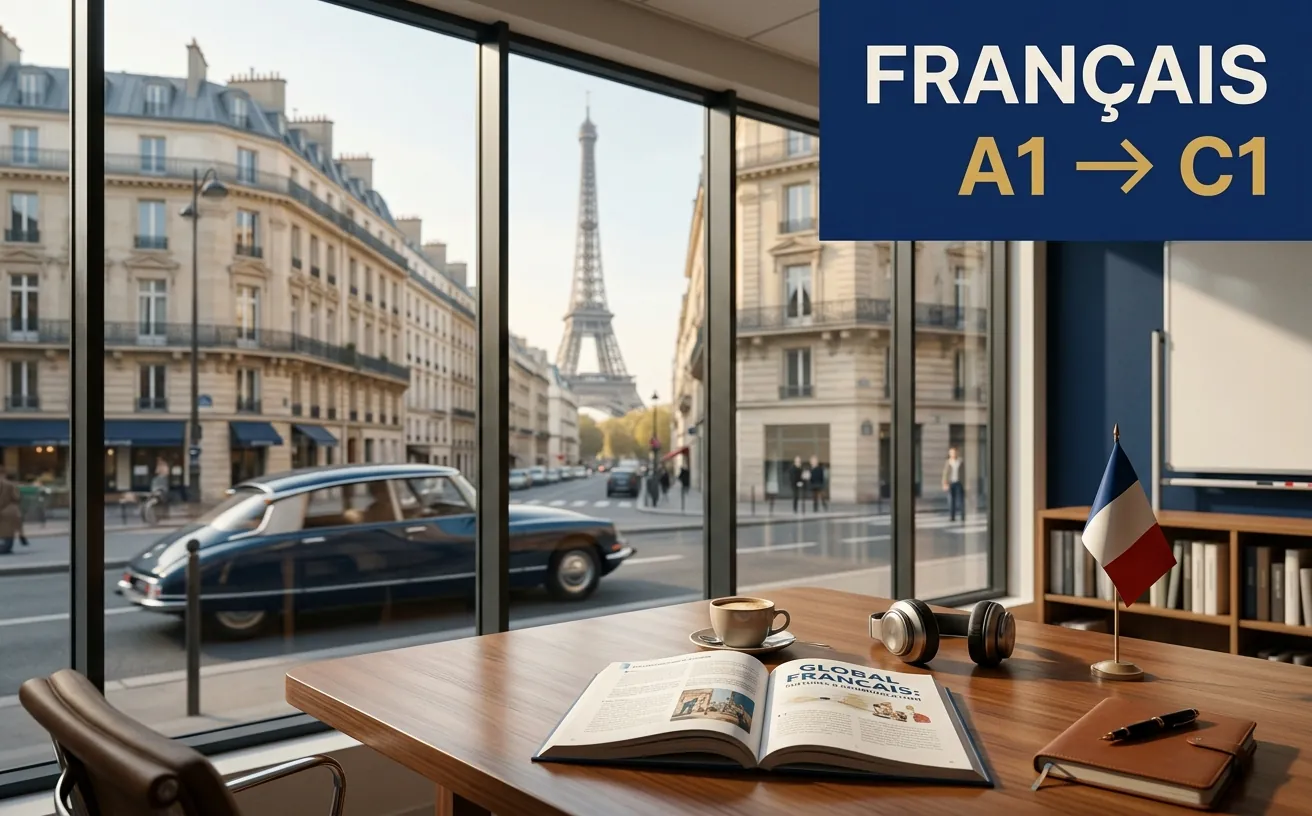 Une salle de cours ouverte sur Paris, la tour Eiffel derrière la vitre, un manuel et un drapeau français sur la table