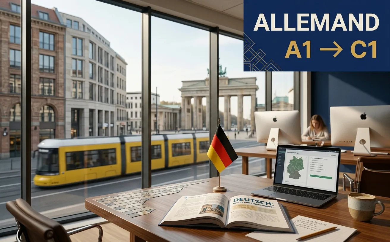Une salle de cours ouverte sur Berlin et la porte de Brandebourg, un manuel d’allemand et un drapeau allemand sur la table