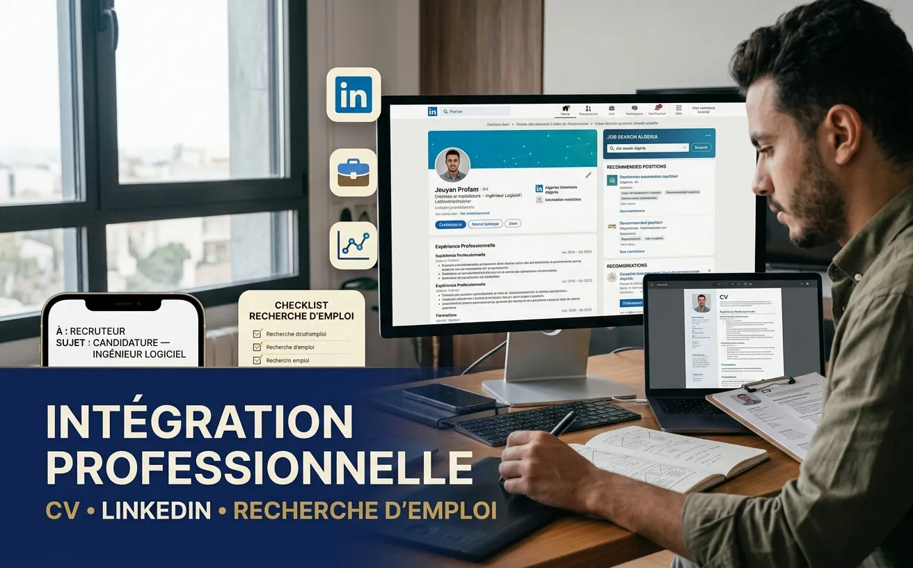 Un poste de recherche d’emploi : profil professionnel et offres à l’écran, CV imprimé et check-list posés sur le bureau