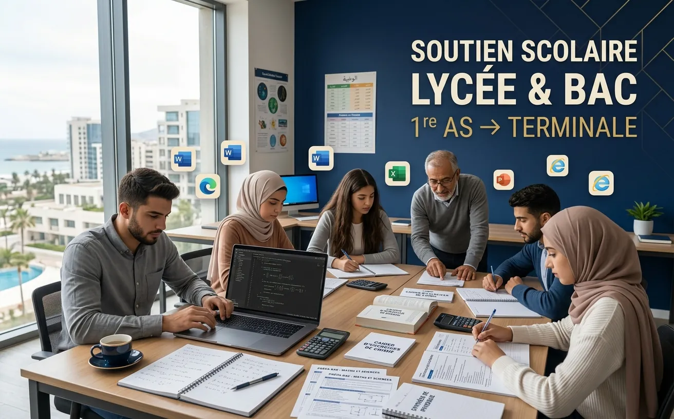 Des lycéens et leur formateur autour d’une table, ordinateurs portables et fiches de révision