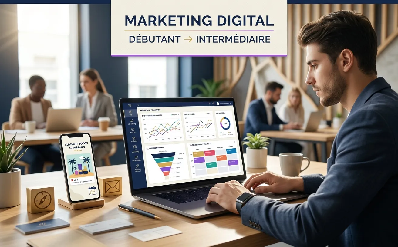 Un poste de marketing digital : tableau de bord d’audience à l’écran et campagne affichée sur un smartphone