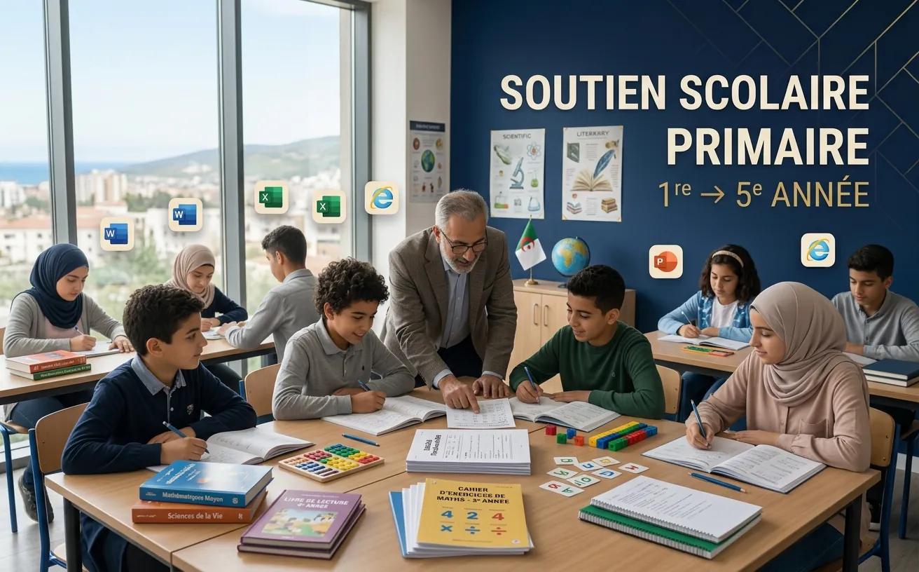 Des écoliers travaillent avec leur formateur autour d’une table couverte de cahiers et de matériel de classe